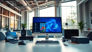 Microsoft Windows auf einem modernen Desktop mit eleganten Geräten und hellem Bürohintergrund.