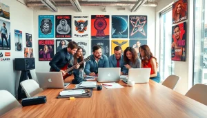 Collaborative scene at a Music PR Firm showcasing creativity and professionalism in the music industry.