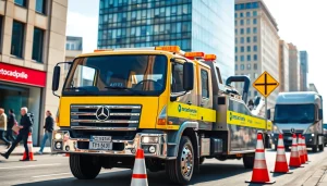 Usługa auto holowanie Tychy z nowoczesnym pojazdem w akcji na ruchliwej ulicy.