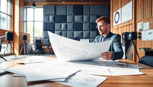 Consultant at https://www.polarisacoustics.com analyzing architectural acoustics plans in a bright office