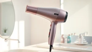 Best blow dryer showcased on a modern bathroom countertop with hair care products.