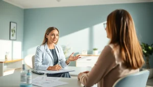 Discussing Bioidentical hormone therapy in a serene clinic setting with a doctor and patient.