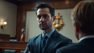 Empathetic Tampa Criminal Attorney advising a client in a courtroom setting.