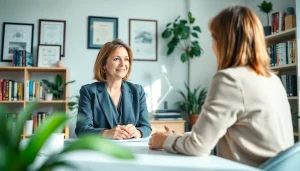 Psychiatrist attentively engaging with a patient in a calming office setting.
