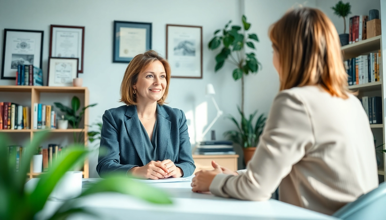 Psychiatrist attentively engaging with a patient in a calming office setting.