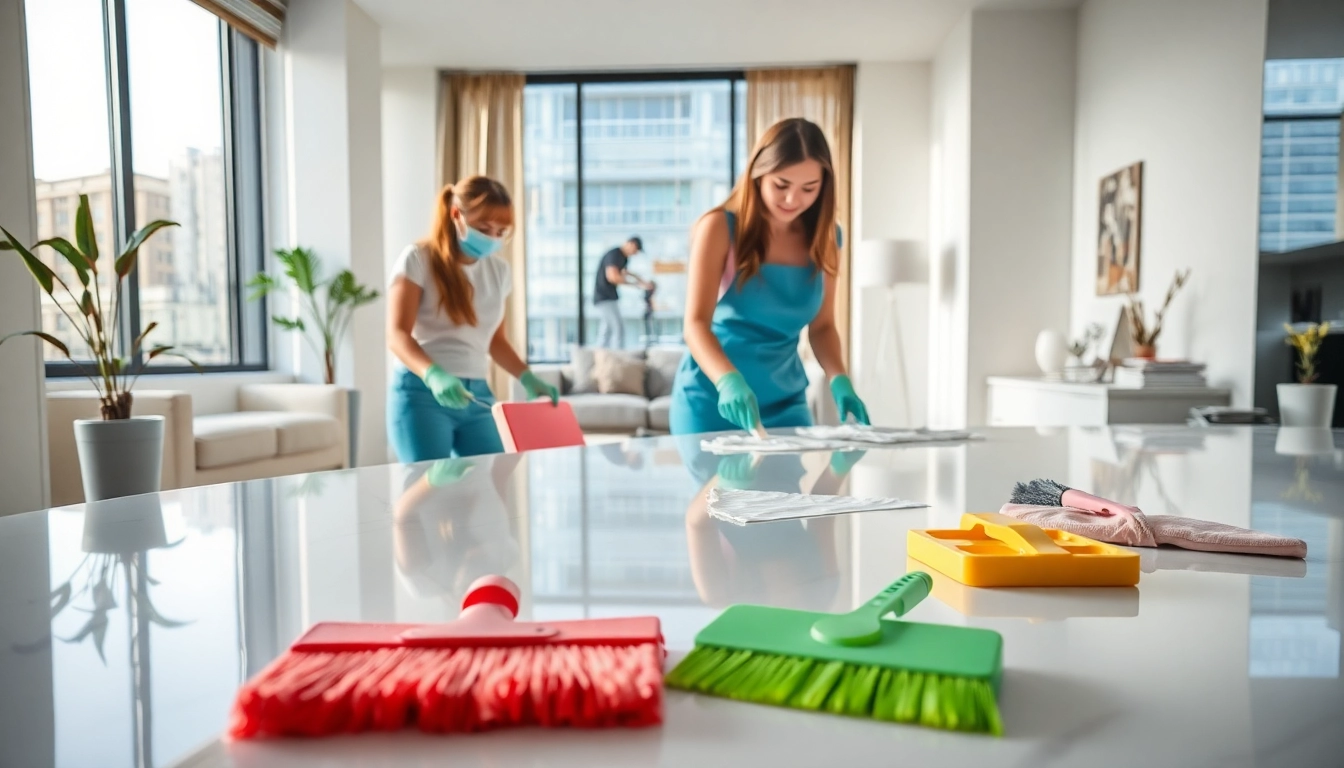 Bond cleaning experts meticulously cleaning surfaces in a modern apartment space.