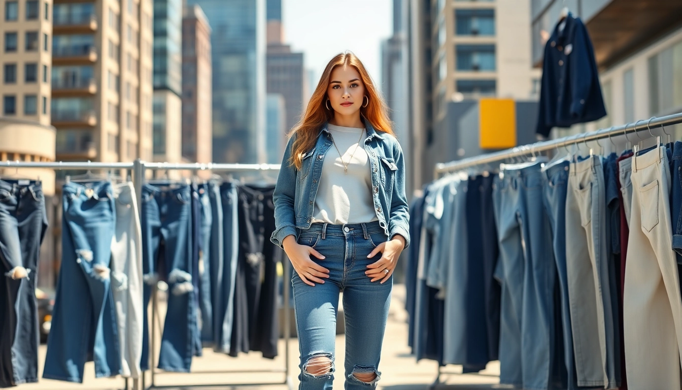 Showcasing wholesale jeans manufacturers with various styles in an urban fashion setting.