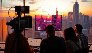 Showcase KlingAI Prompts being utilized in a professional video production setup with a vibrant city skyline.