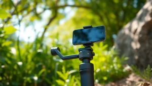 Using a gimbal stabilizer​ for steady outdoor filming with nature backdrop.