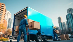 Local Toronto movers diligently loading boxes into a bright truck in downtown Toronto.