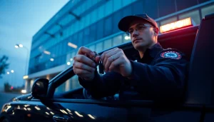 Security guard performing key holding & mobile patrols at a corporate facility ensuring safety.