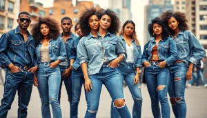 Showcase of diverse denim styles from wholesale jeans manufacturers in an urban setting.