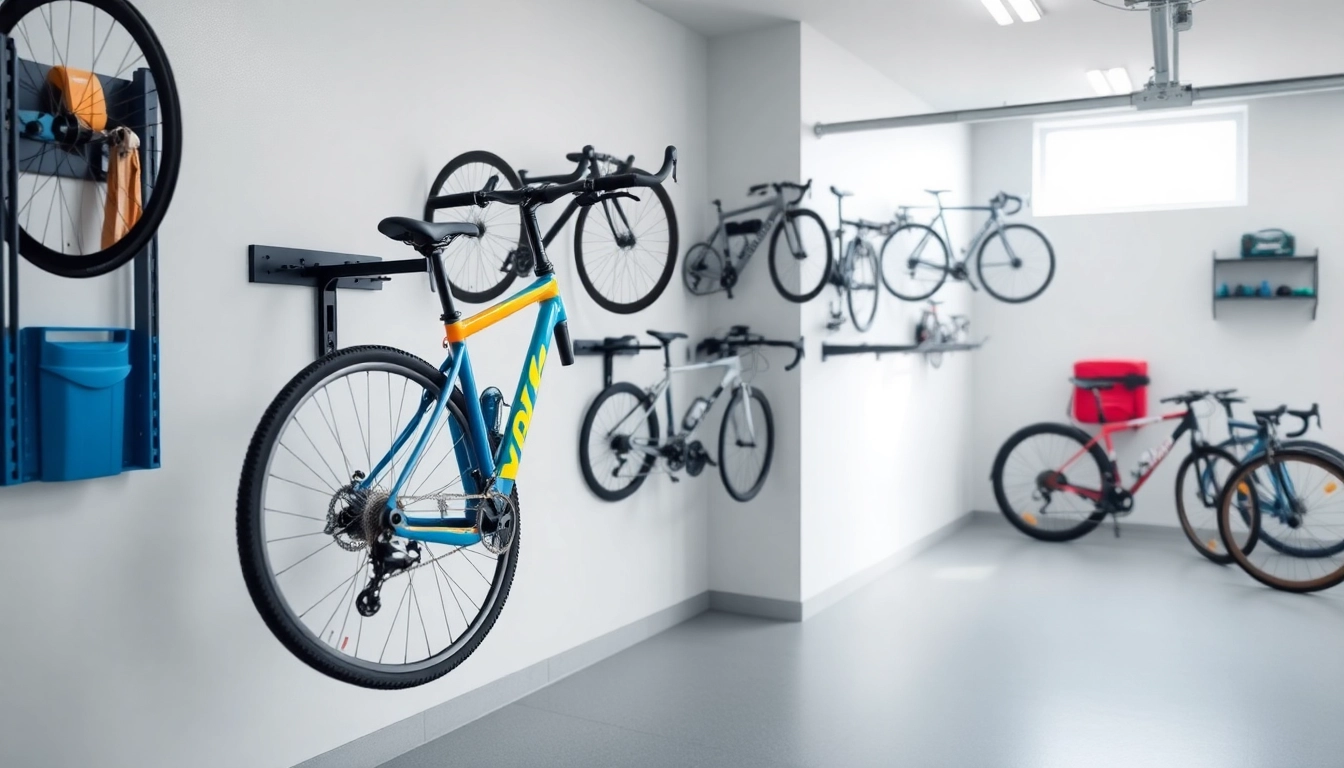 Showcasing wall-mounted bike storage solutions in an organized garage setting with vibrant designs.