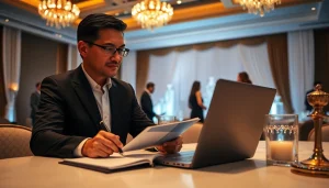 Corporate event organizer Singapore planning a sophisticated business gala, showcasing professionalism