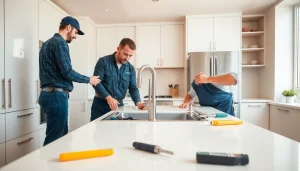 Plumbers in Bristol expertly installing a modern sink in a stylish kitchen environment.