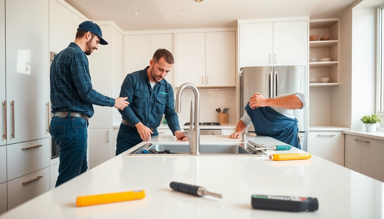 Plumbers in Bristol expertly installing a modern sink in a stylish kitchen environment.
