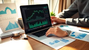 Investing investor analyzing stock market data on a laptop with financial charts.