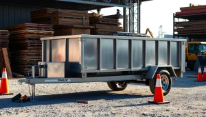 Showcasing dumpster trailers for sale in a construction setting highlighting their strength and utility.