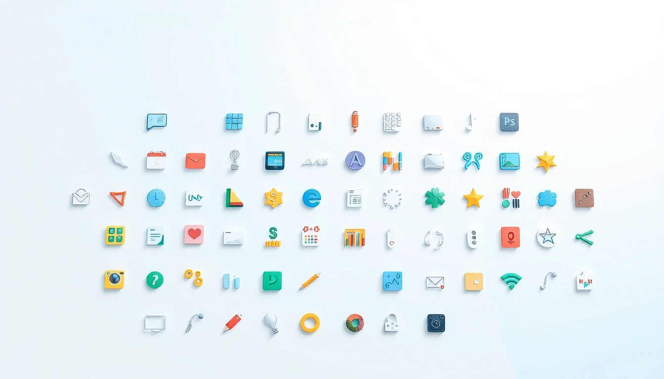 Showcase of vibrant icons representing various themes in a minimalist style.