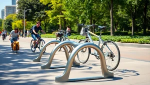 Showcase a designer bike rack in an urban park, emphasizing its sleek design and modern appeal.