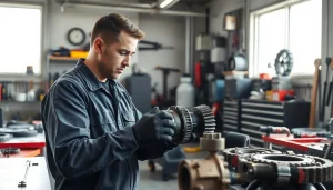 Inspect mechanic examining Jerr Dan Parts in a vibrant workshop full of tools.