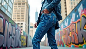 Showcasing the latest styles from wholesale jeans manufacturers in a vibrant urban setting.