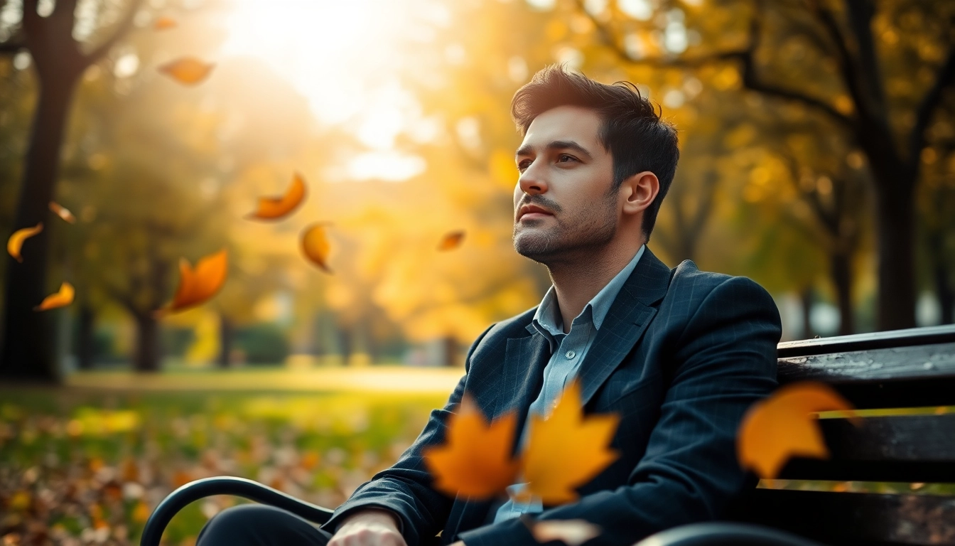 Person dealing with grief sitting contemplatively on a bench surrounded by autumn leaves.