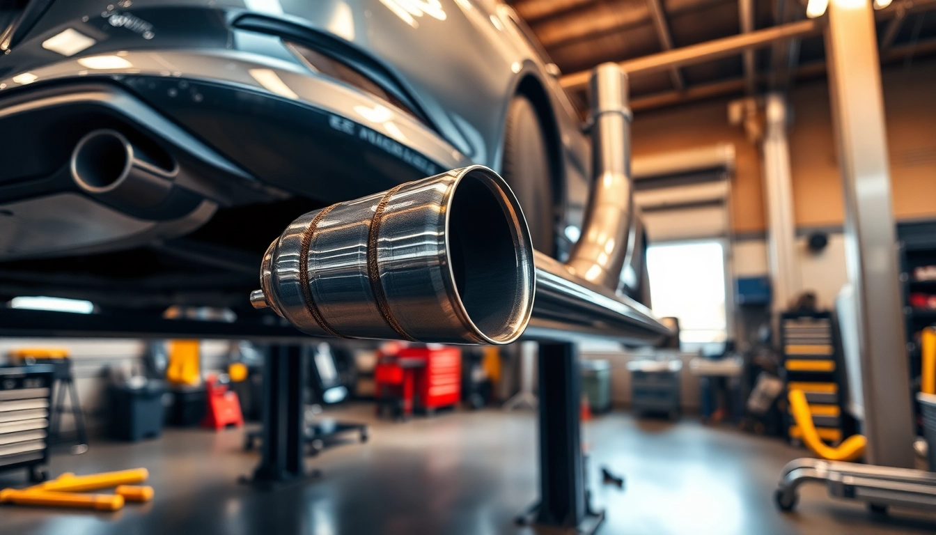 Technician installing a single midpipe in a well-equipped automotive workshop.
