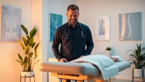 Chiropractor providing personalized care in a healing clinic environment with a tranquil atmosphere.