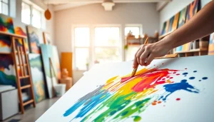 Maak een canvaskunstwerk met levendige kleuren in een creatieve studio.