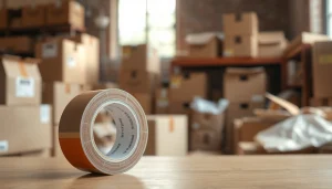 Efficient use of amazon tape to secure and pack items in a professional workspace.