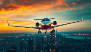 Experience a luxurious private jet charter NYC flying over the skyline at sunset.