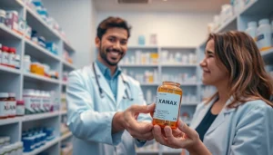 Customer receives xanax for sale from a pharmacist in a professional pharmacy setting.
