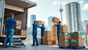 Moving company Toronto team loading items into a moving truck against a city skyline.