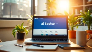 Promote Bluehost web hosting with a professional laptop setup on a desk.