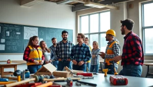Students at construction trade schools in texas learning hands-on skills in a bright classroom.