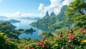 Menggambarkan keindahan pulau 토토피아 dengan makhluk fantastis dan flora berwarna-warni.