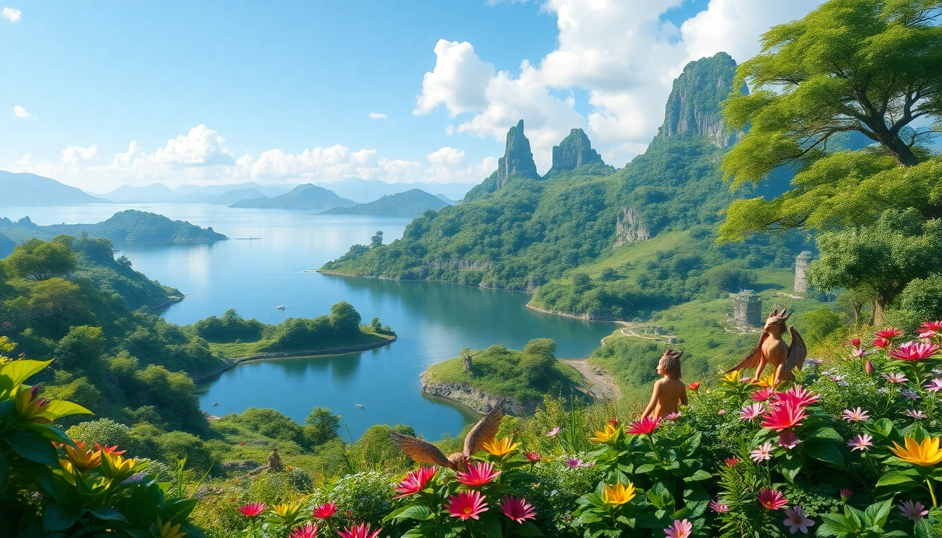 Menggambarkan keindahan pulau 토토피아 dengan makhluk fantastis dan flora berwarna-warni.