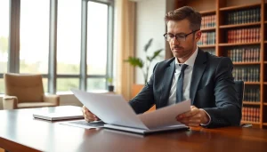 A focused Divorce Lawyer reviewing important legal documents in a modern office setting.