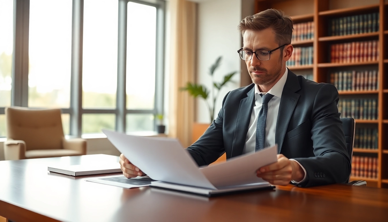 A focused Divorce Lawyer reviewing important legal documents in a modern office setting.