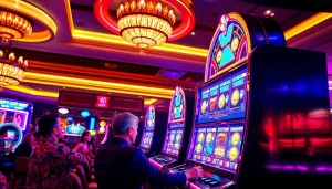 Juega en luxury12, una máquina tragamonedas de lujo en un elegante casino con luces neón brillantes.