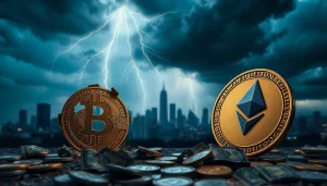 Crisp visual of a crypto crash with shattered Bitcoin and Ethereum symbols, reflecting market turmoil.