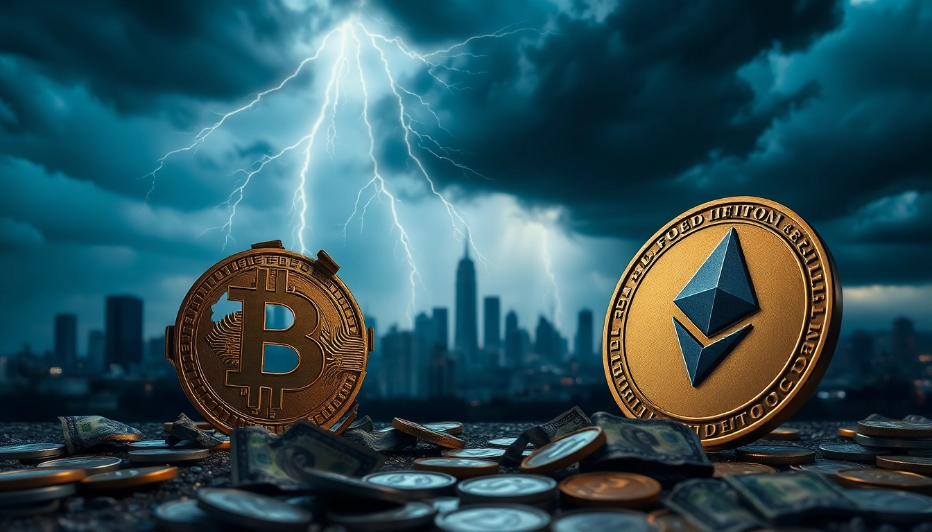 Crisp visual of a crypto crash with shattered Bitcoin and Ethereum symbols, reflecting market turmoil.
