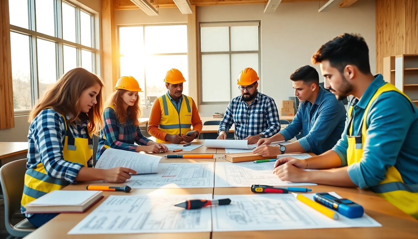 Engaged students in construction education colorado collaborating on projects in a bright classroom setting.