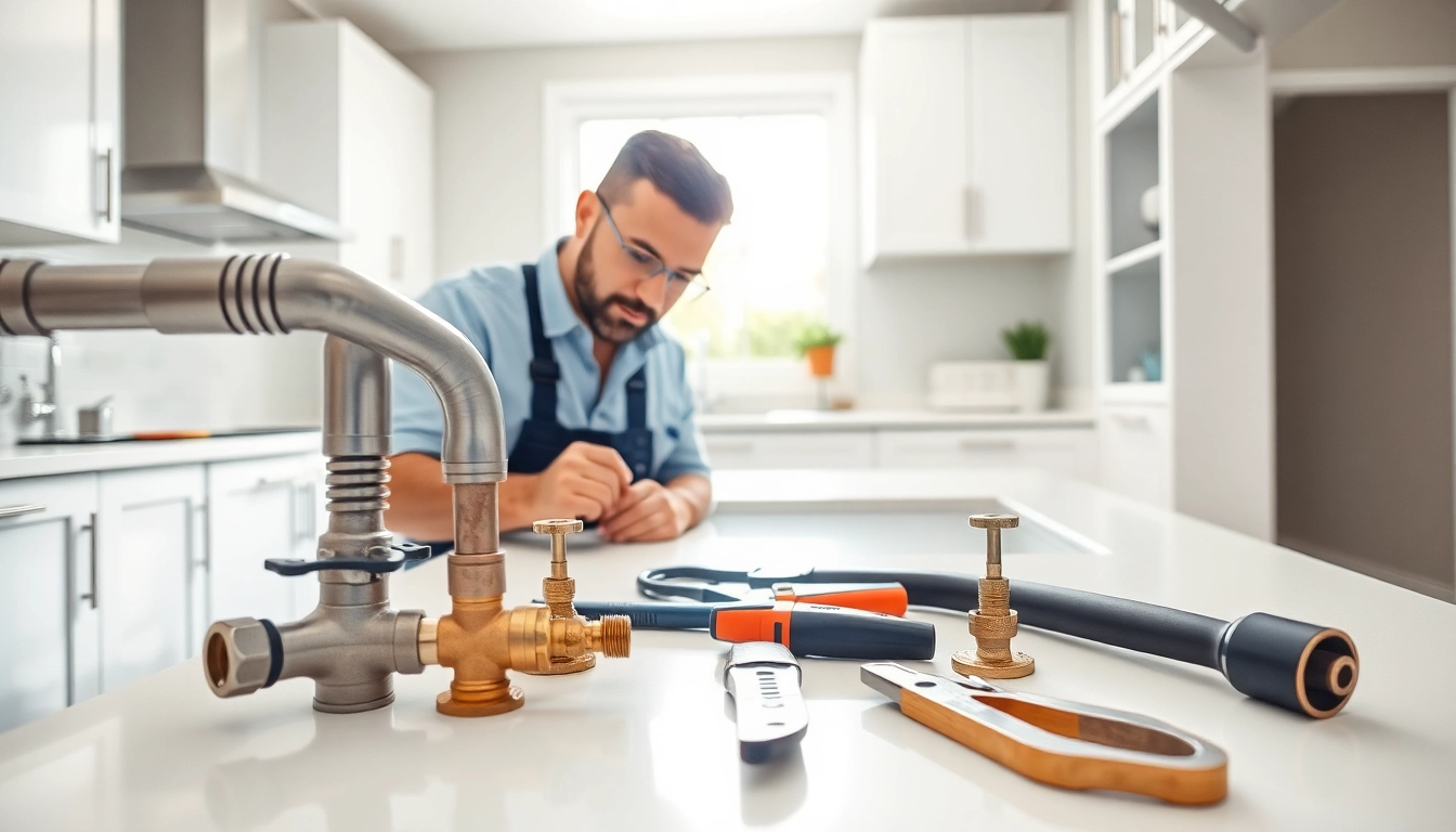 Plumbing repair in a modern kitchen, showcasing a plumber fixing pipes and valves.