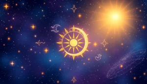 Explore the mystical world of Horoskop with celestial symbols and starry ambiance in this vibrant illustration.
