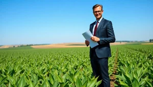 Agriculture lawyer confidently holding legal documents in a vibrant field, showcasing expertise and professionalism.