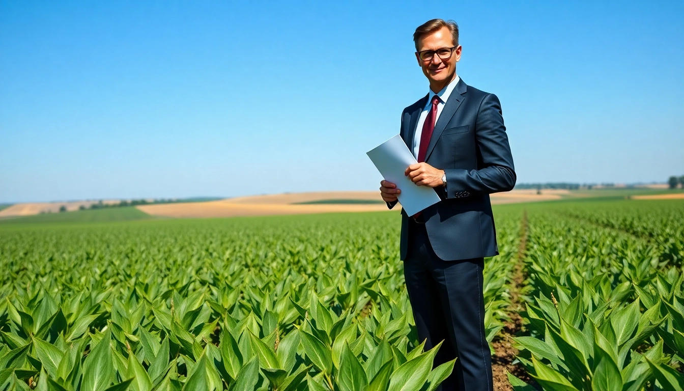 Agriculture lawyer confidently holding legal documents in a vibrant field, showcasing expertise and professionalism.