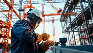 Showcasing structural steel construction, a skilled welder works amid a modern construction site.